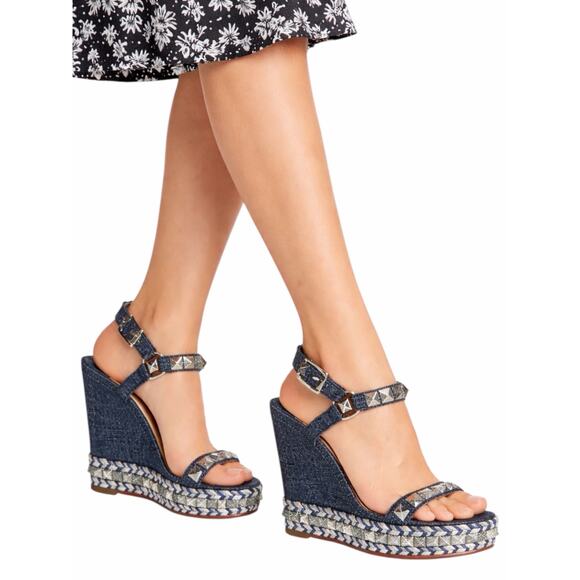 Christian Louboutin Shoes - Christian Louboutin Lame Lux Pyraclou 110 Denim Wedge Sandal Blue Size 41